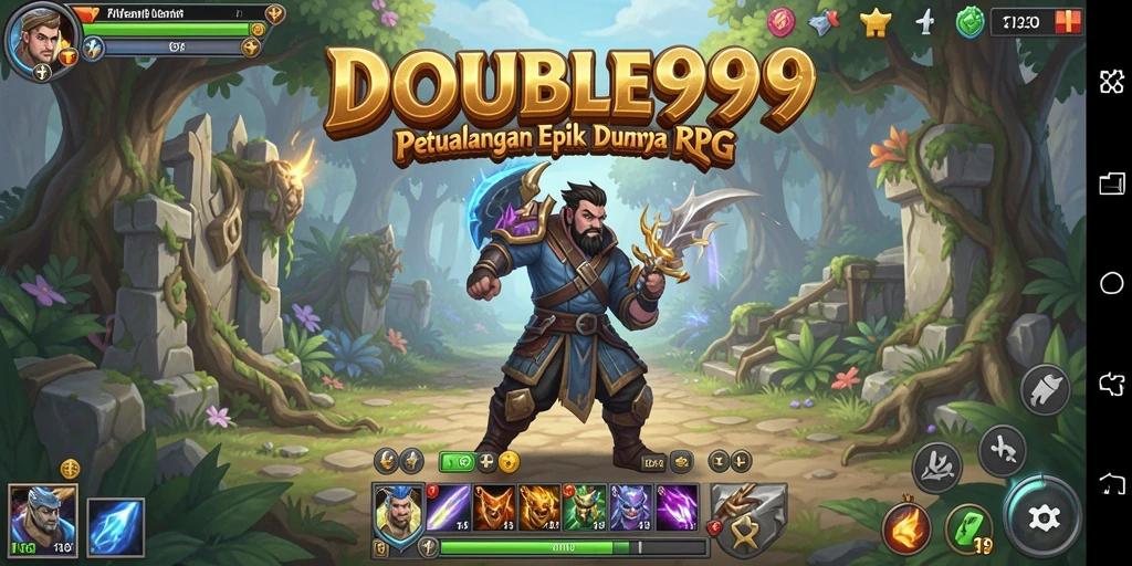 Tampilan gameplay <strong>DOUBLE999</strong> saat karakter bertempur melawan monster di dunia fantasi.