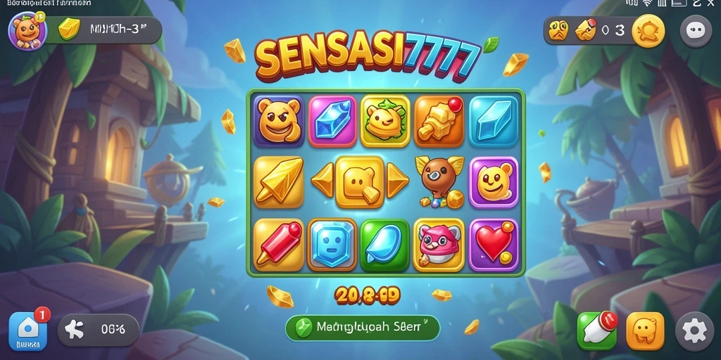 Tampilan gameplay SENSASI777 yang penuh warna dalam permainan Match-3.