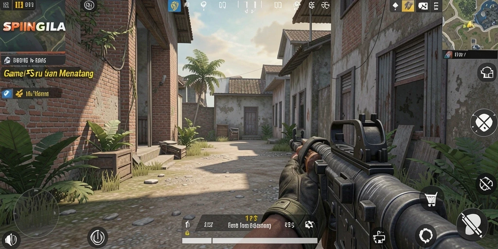 Tampilan gameplay SPINGILA dengan pertempuran FPS yang mendebarkan.