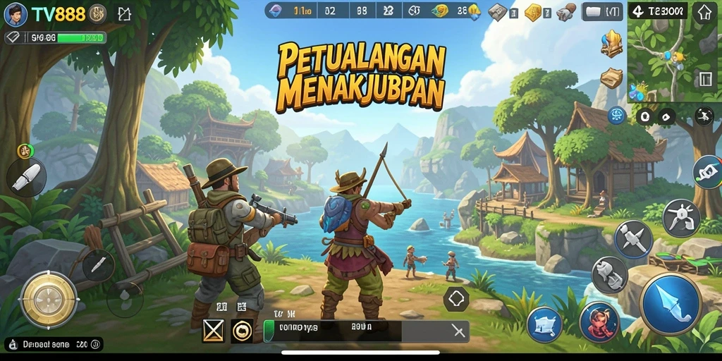 Screenshot TV888 yang menampilkan petualangan epik di dunia terbuka.