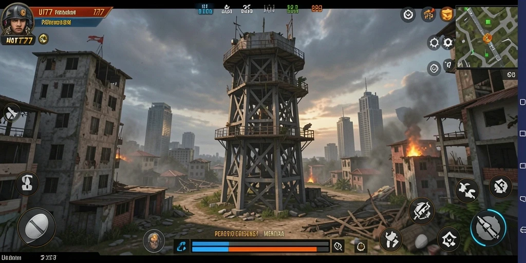 Tampilan gameplay UT77 dengan menara dan musuh yang menegangkan.